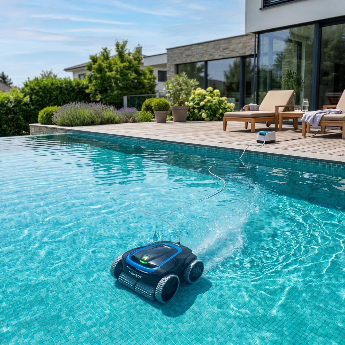 Moderner Pool-Roboter reinigt aktiv den Boden eines privaten Swimming Pools unter Wasser an einem sonnigen Sommertag.