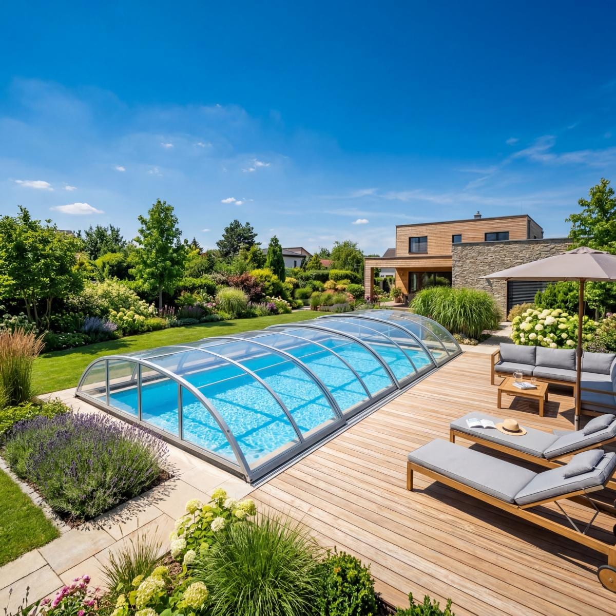 Geschlossene Poolüberdachung im Sommer schützt das kristallklare Wasser vor Verschmutzung und reduziert die Wasserverdunstung bei starker Hitze.