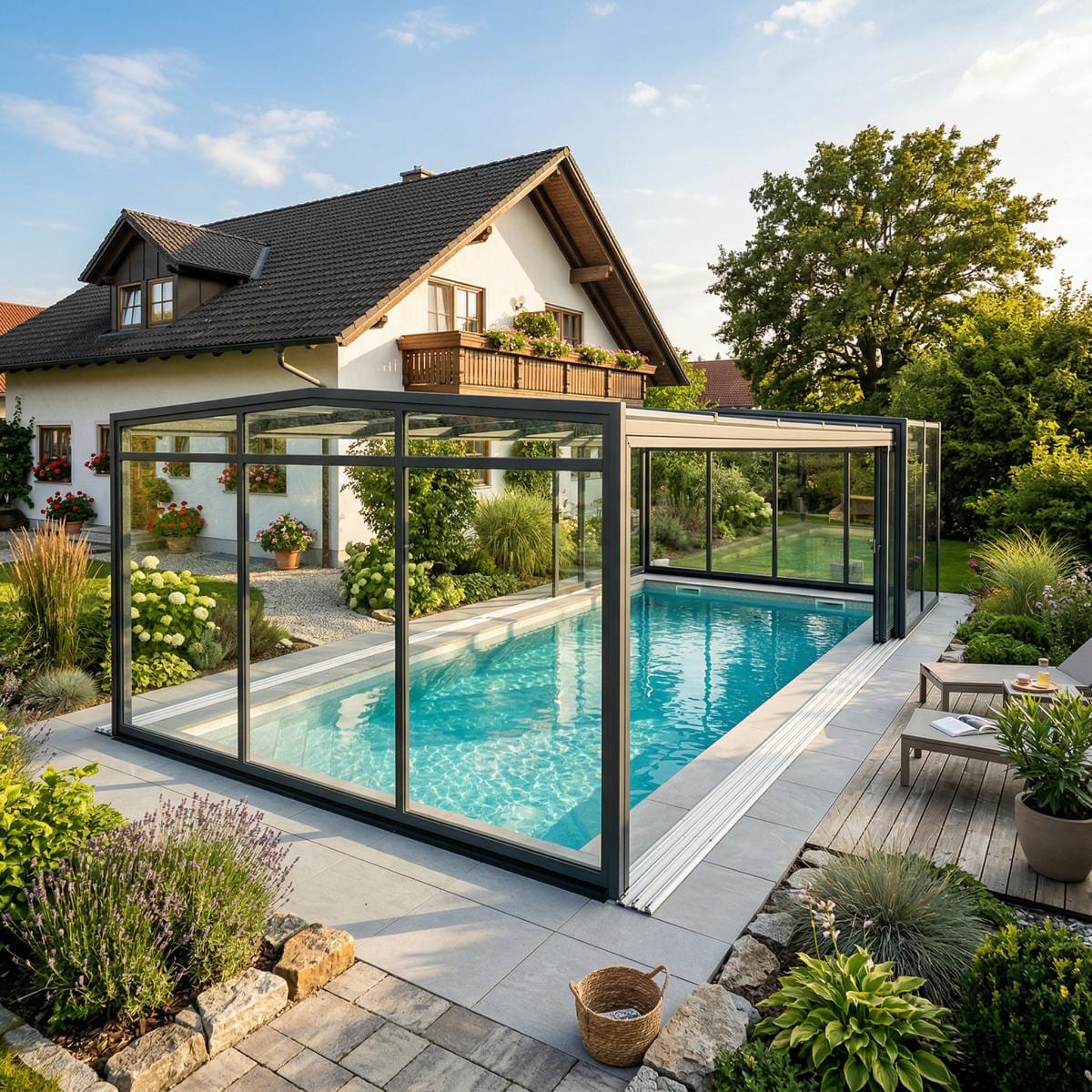 Familie genießt den Sommer im eigenen Garten mit moderner Pool Überdachung aus Aluminium und Polycarbonat