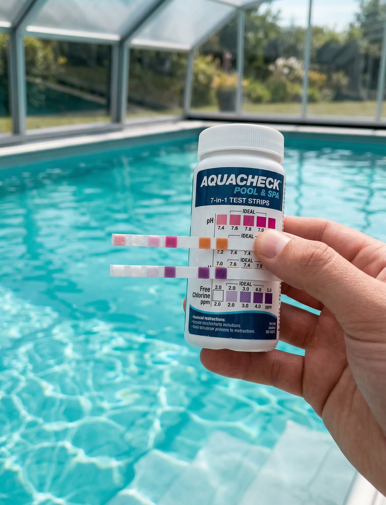 Wassertest-Set zeigt perfekte Chlor- und pH-Werte in einem überdachten Pool – geringerer Chemikalienverbrauch durch Pool Überdachung